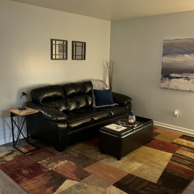 living room with black leather couch, black leather ottoman, and some decor over a large rug with various brown squares