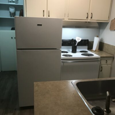 white fridge and stove side by side across from countertop with sink